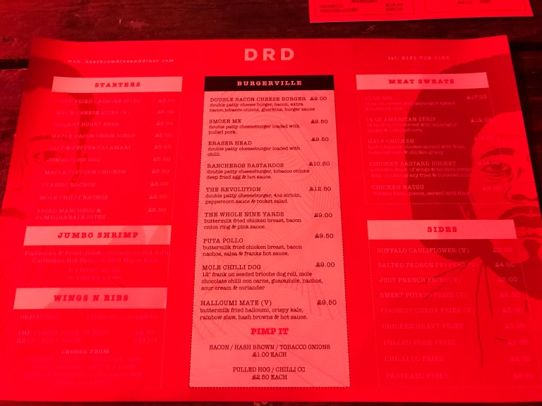 Menu at the DRD in Liverpool